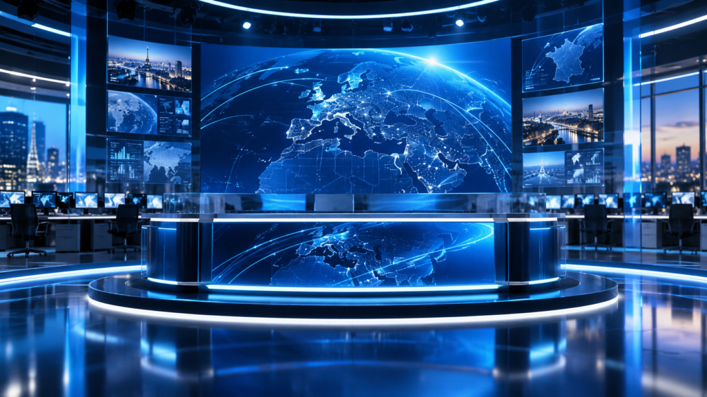 Studio d’information numérique bleu illustrant le lancement de Carson TV Info